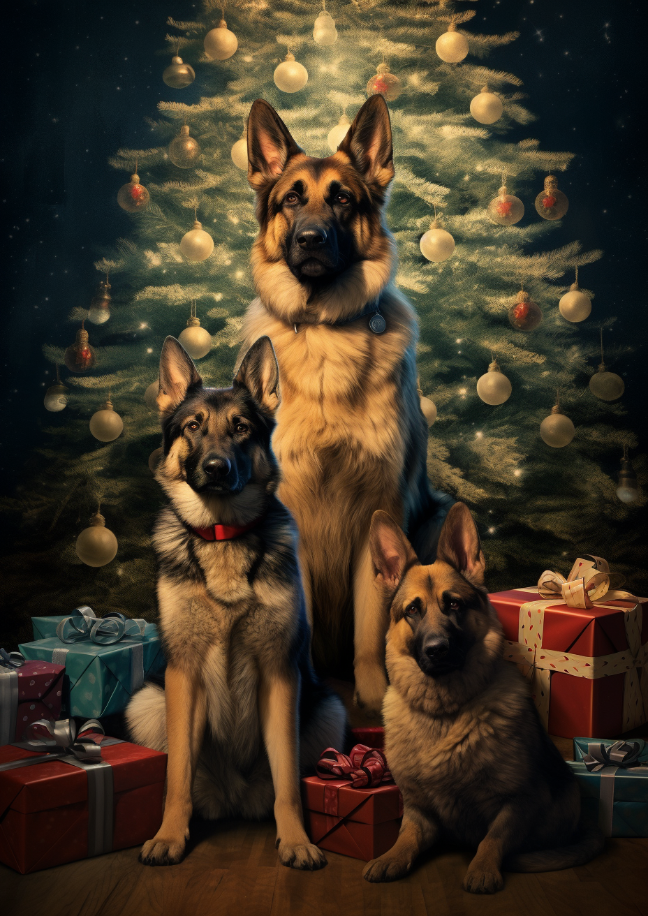 German Shepherds near Christmas Tree