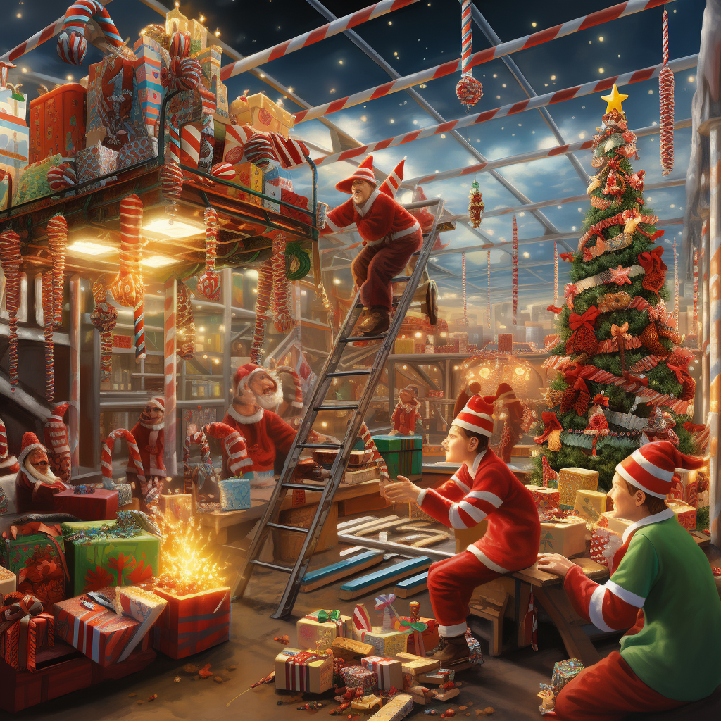 Festive Christmas gift factory with crane picking gifts