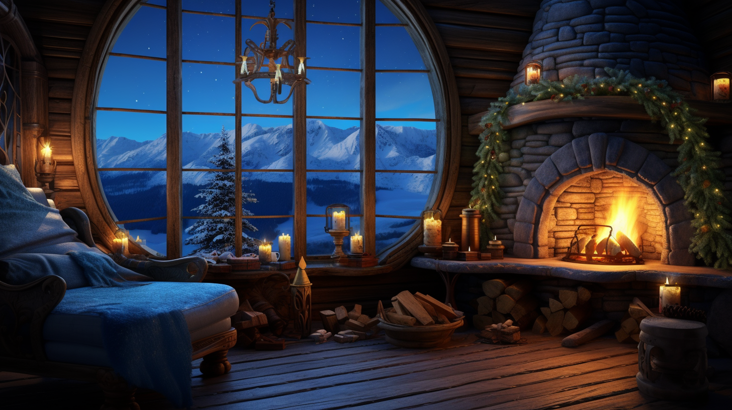 Cozy Christmas hobbit house with fireplace and tree