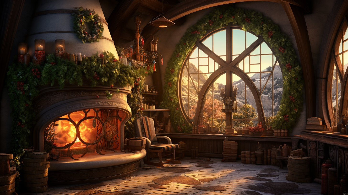 Christmas Hobbit House Interior with Fireplace