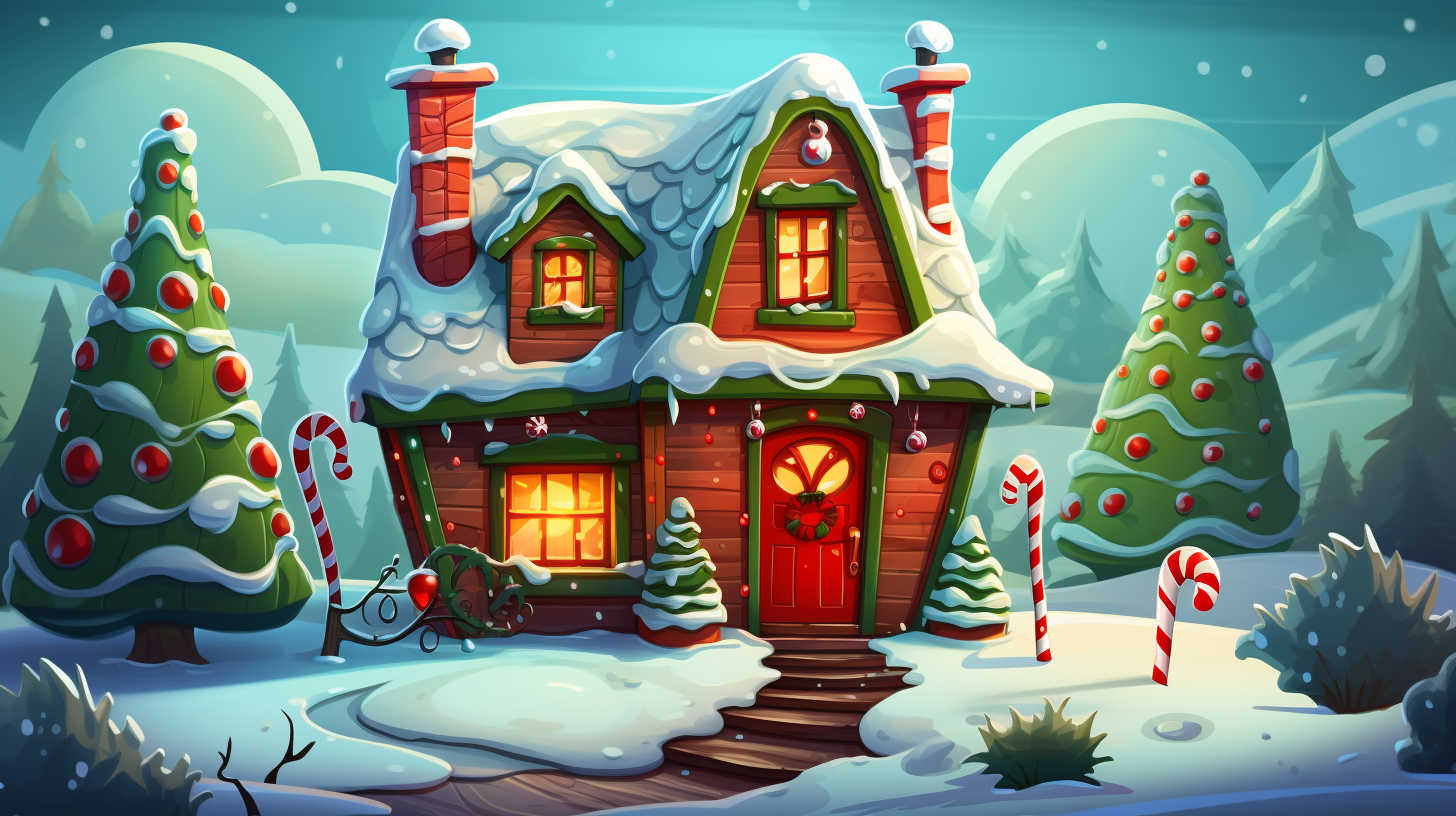 Christmas house with cartoonish features in red and green