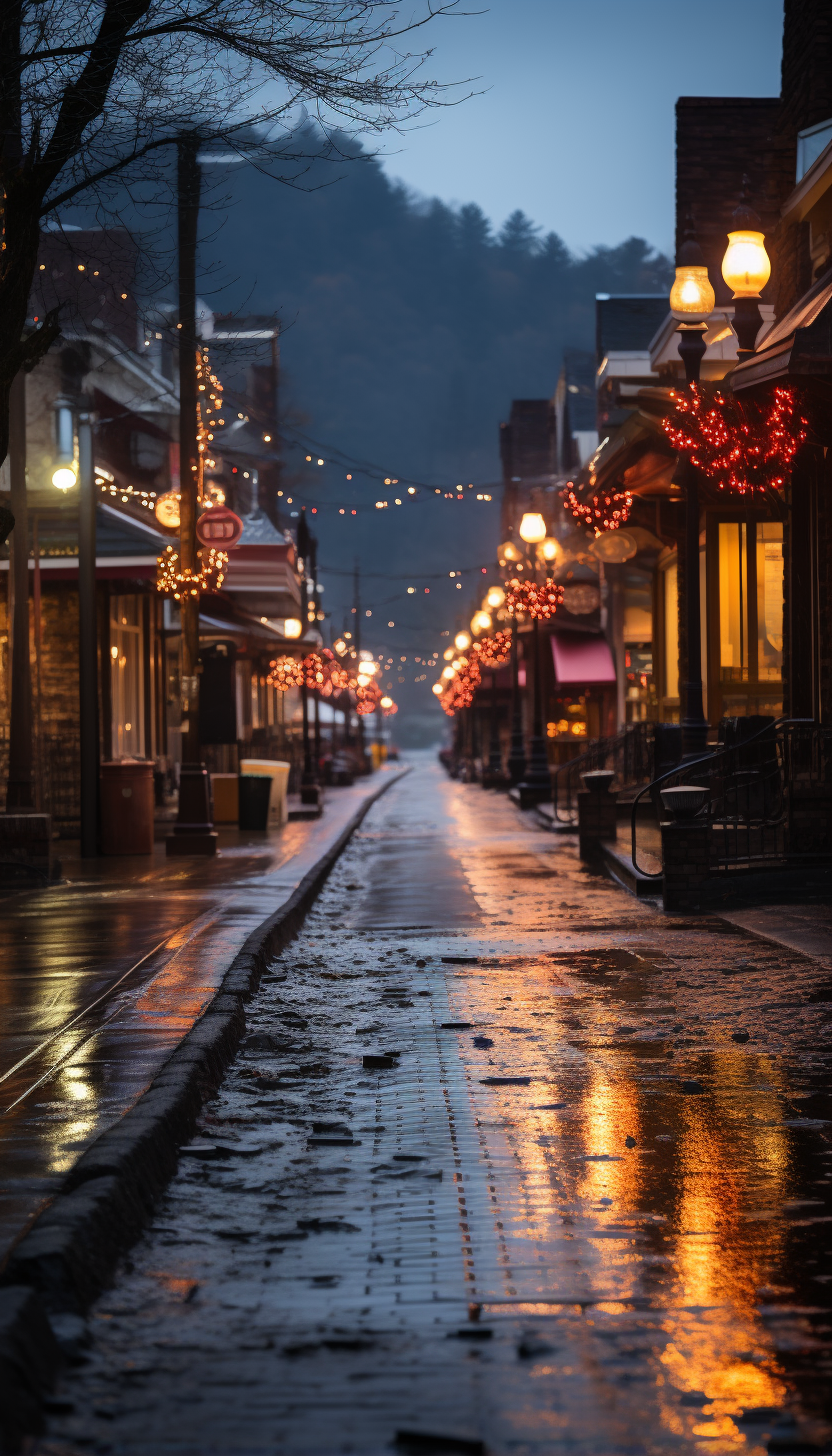 Flashing Christmas lights in mountain village