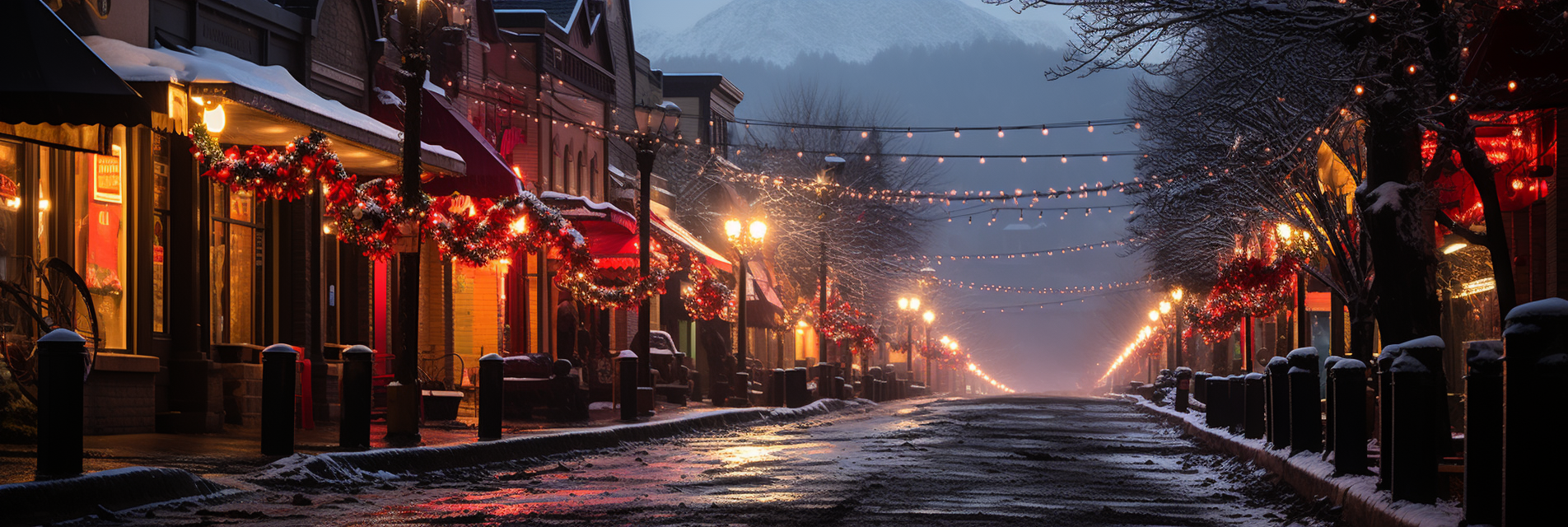 Christmas lights in a snowy mountain village