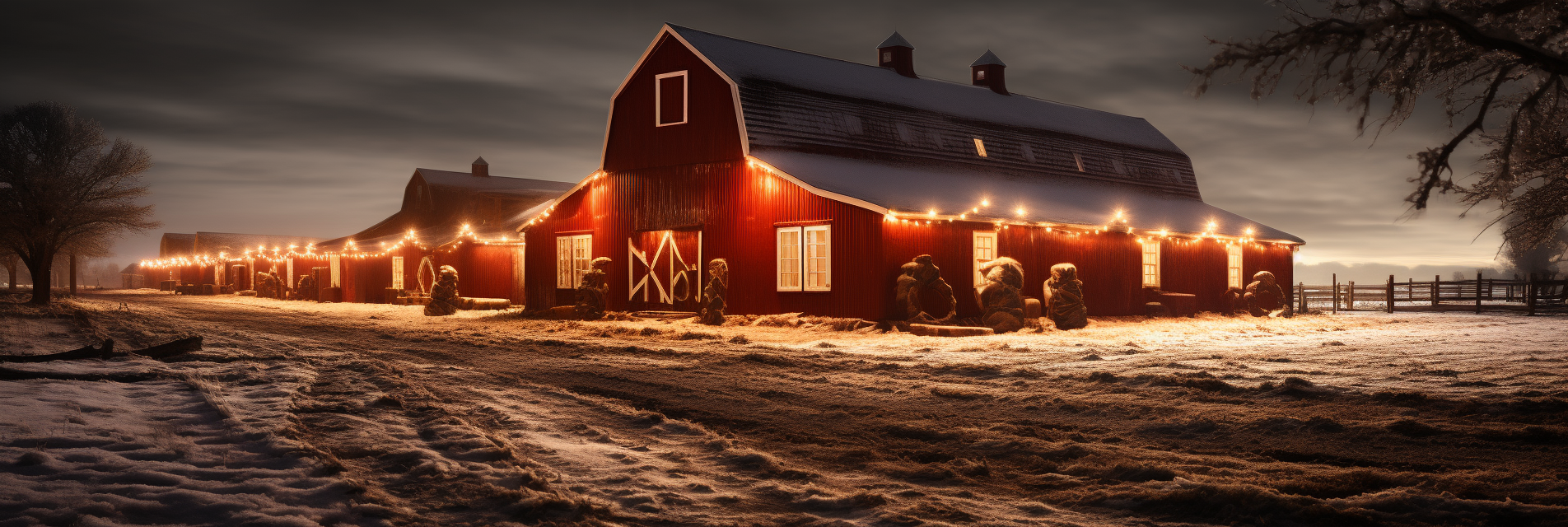 Red barn with Christmas lights