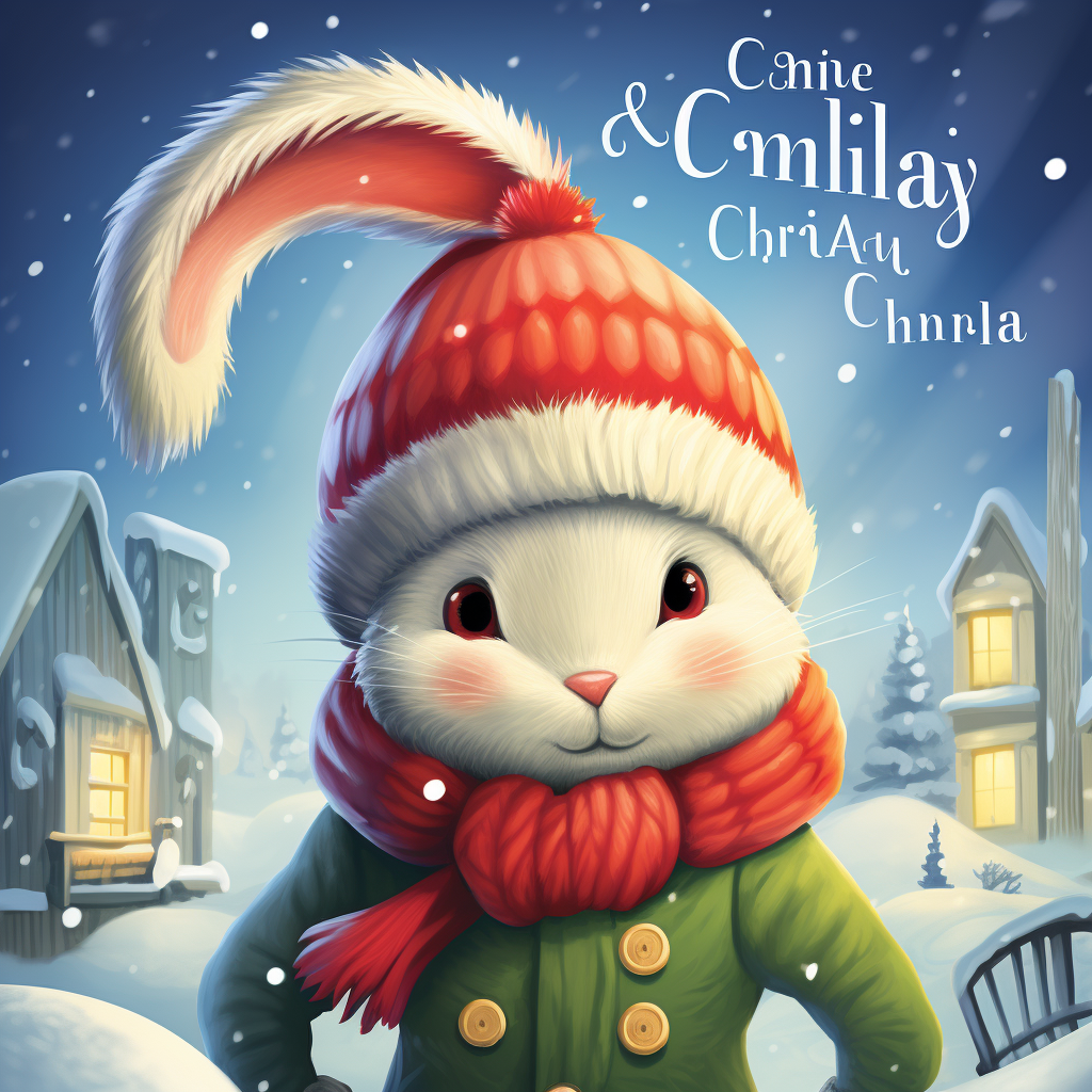 Cute rabbit in winter hat and scarf surrounded by holiday decorations