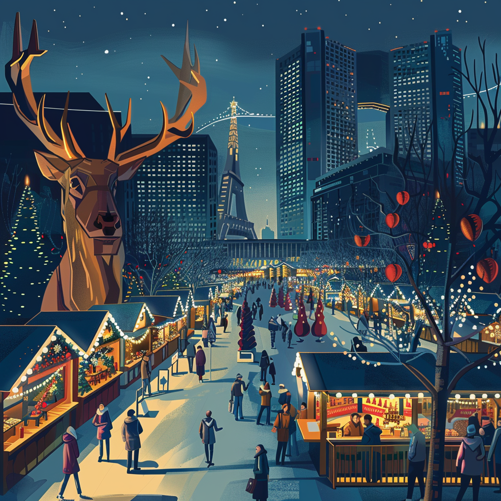 Christmas market with illuminated stag