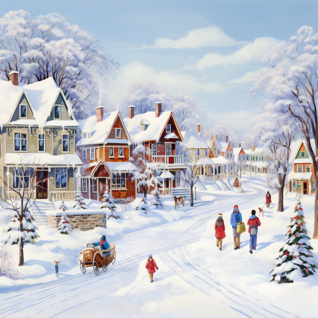 Christmas morning village scene with people and snow blowing