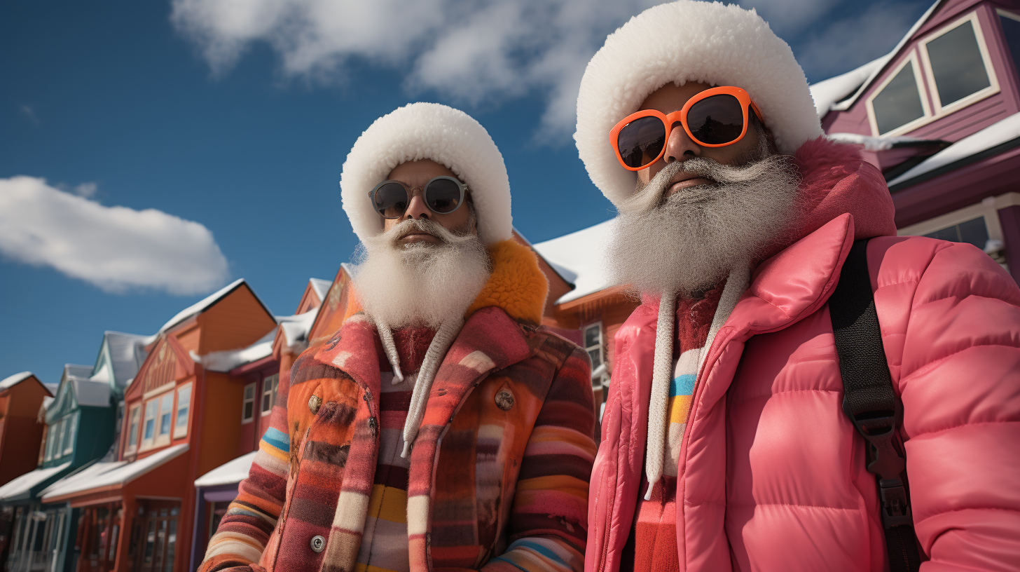 Eccentric characters dressed in Christmas attire against a symmetrical backdrop