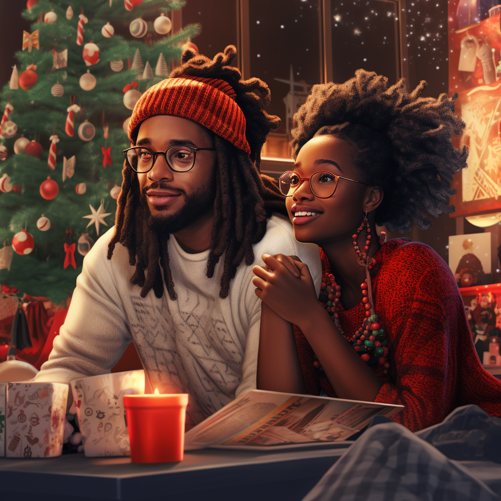 Smiling black couple enjoying Christmas movie night