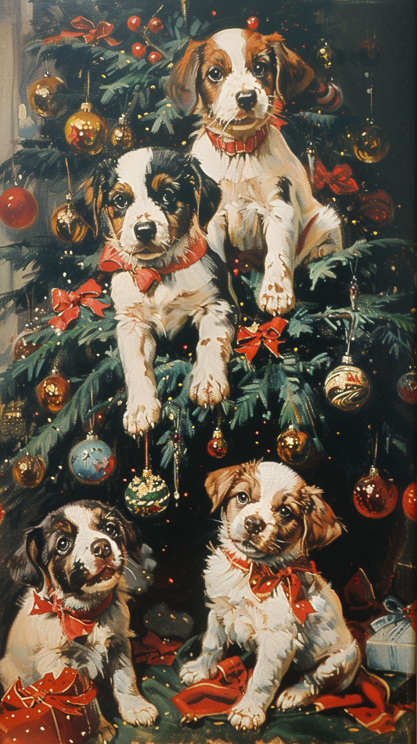 Christmas puppies by Jordan Grimmer, J C Leyendecker, Ivan Shishkin Tropius, American Christmas