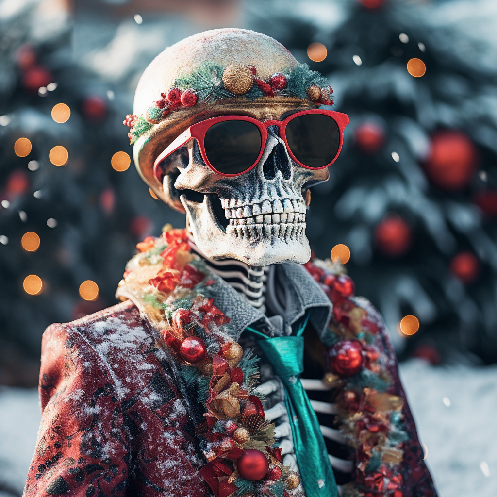 Festive Christmas Skeleton in Snowy Stance