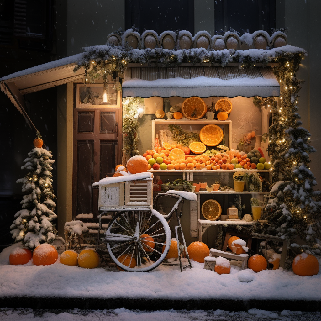 Festive Christmas stand near shop