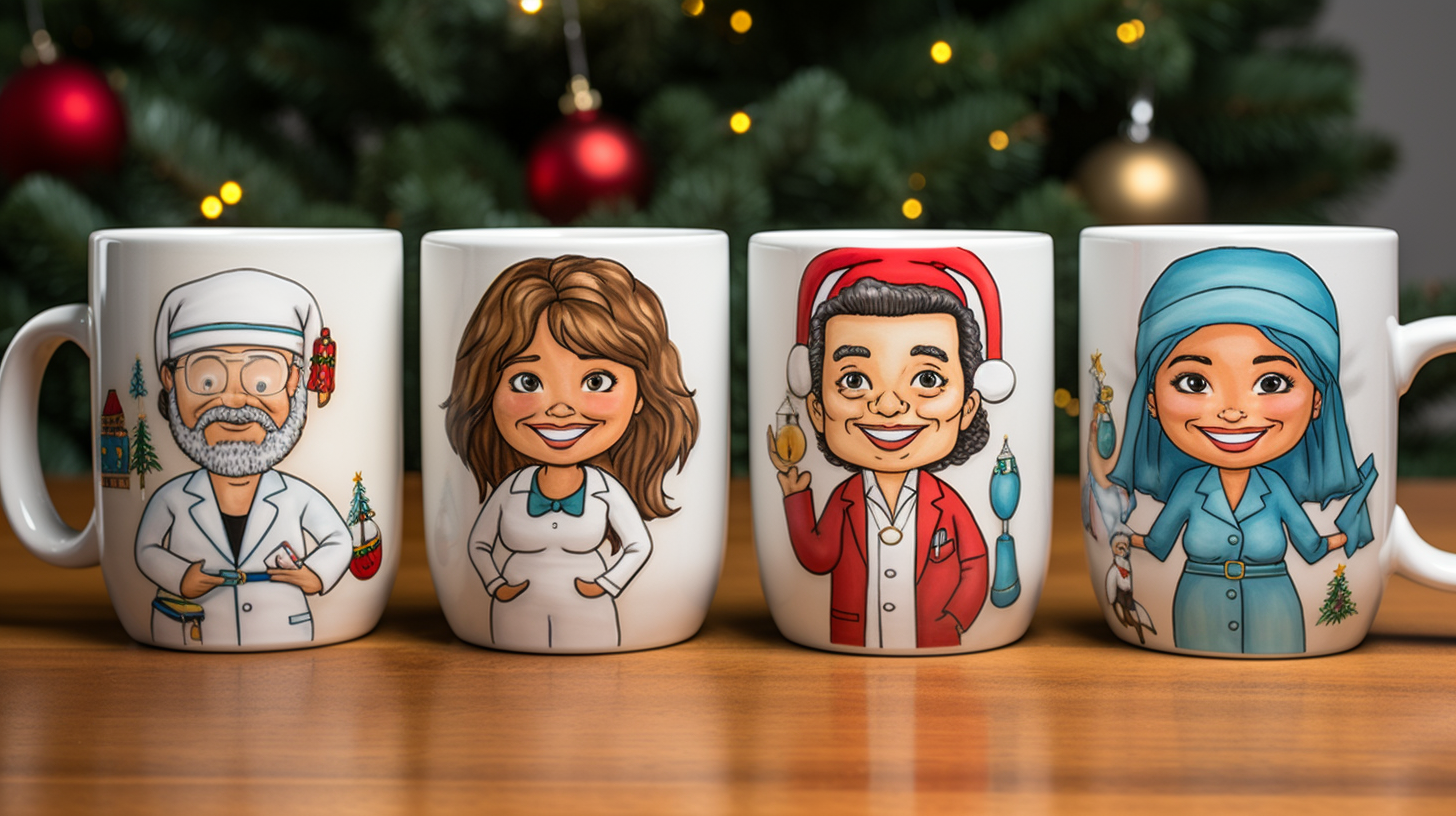 Four Ceramic Healthcare Mugs with Christmas Designs