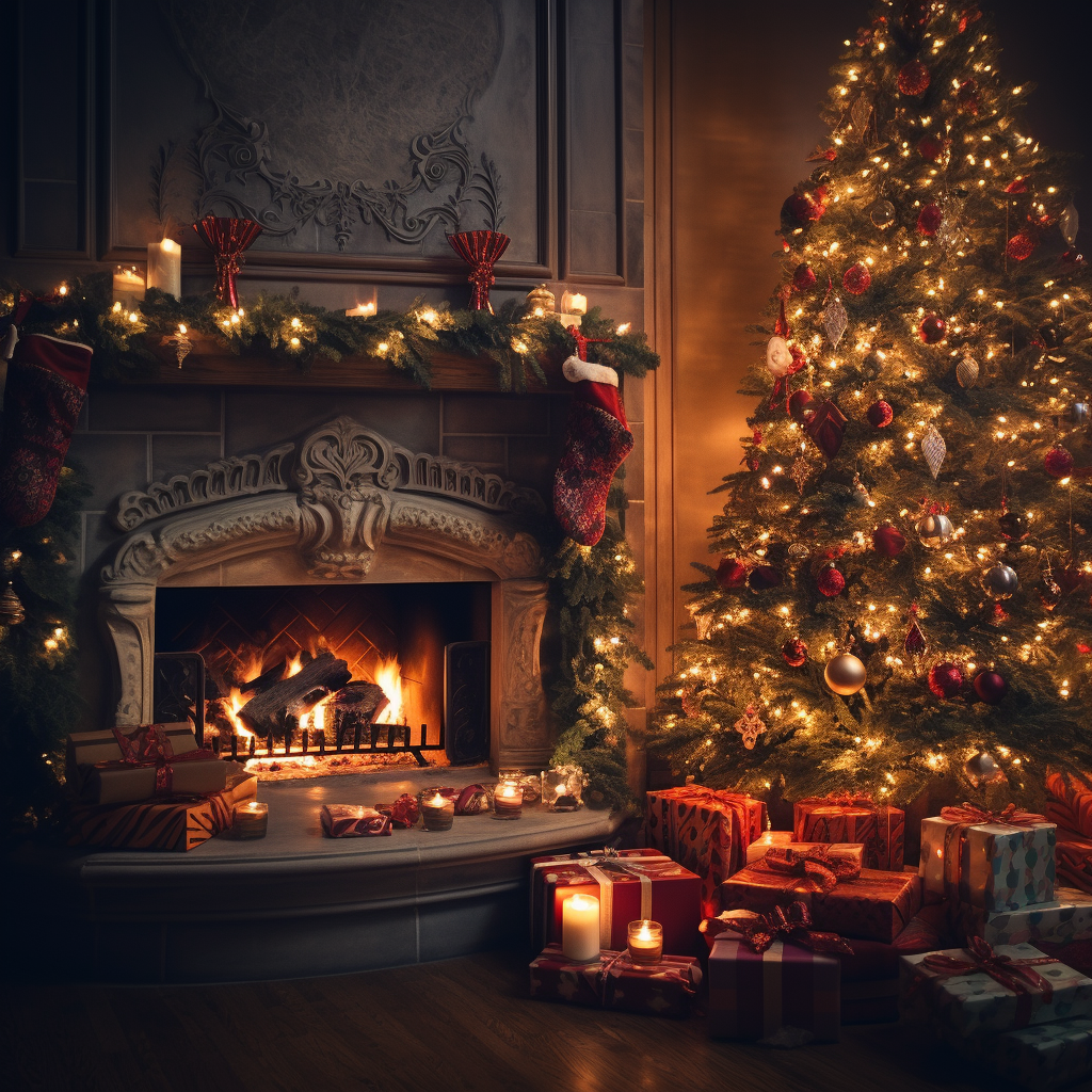 Close-up of Christmas Tree with Cozy Fire