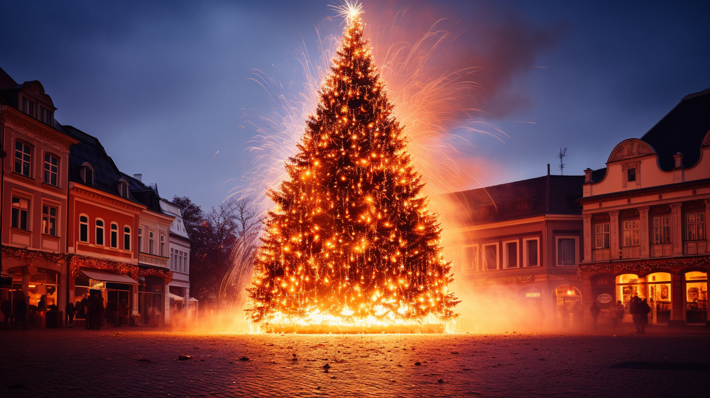 Burning Christmas Tree in Town Square