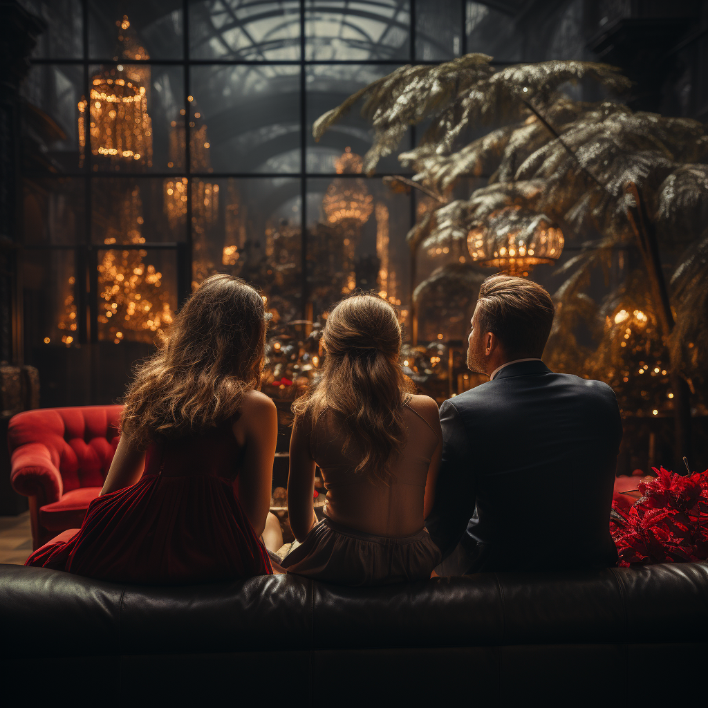 Four people sitting on sofa looking at Christmas tree