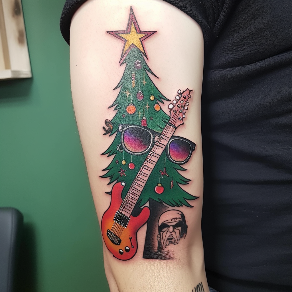 Cartoon Christmas Tree Playing Guitar