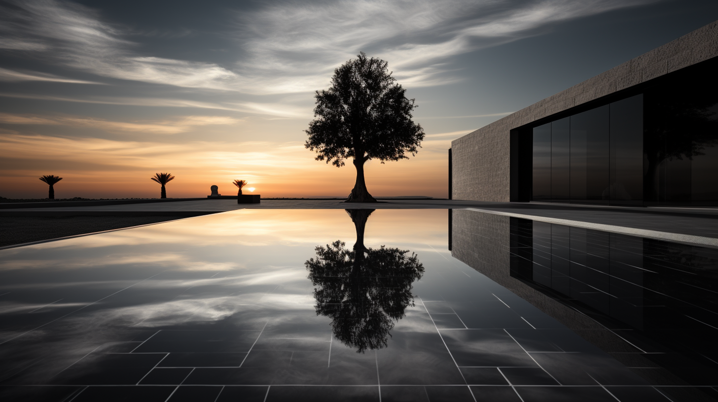 Elegant Christmas tree silhouette by pool