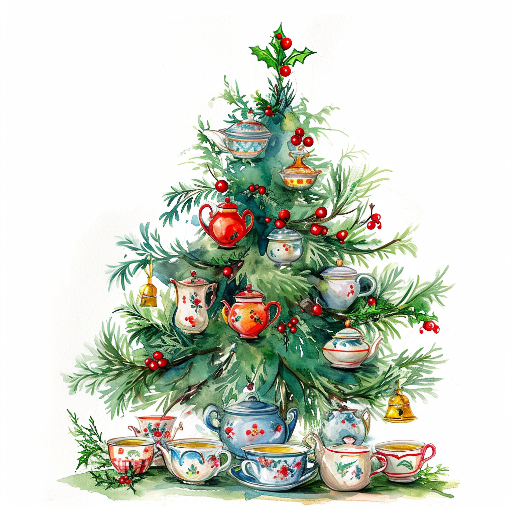 Watercolor Christmas tree with teacups, herbs, and teapots