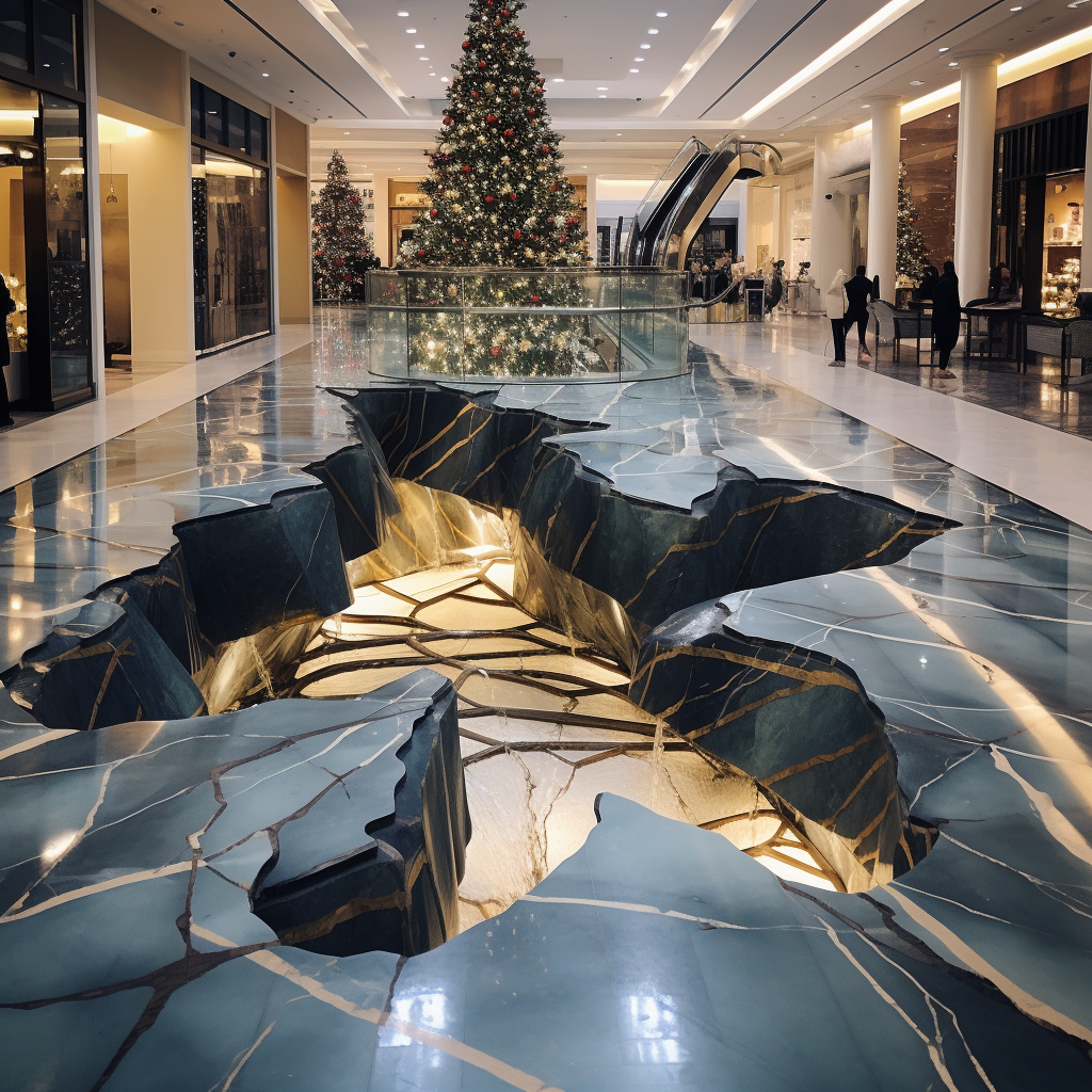 Vibrant Christmas tree breaking through marble floor