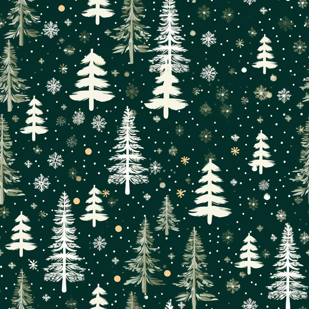 Vintage Christmas-themed seamless pattern with trees and snowflakes