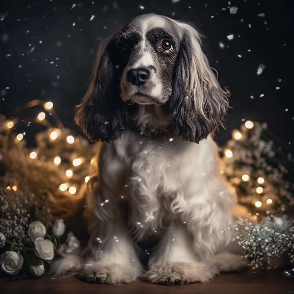 Cocker Spaniel in Festive Dress with Christmas Lights Bouquet