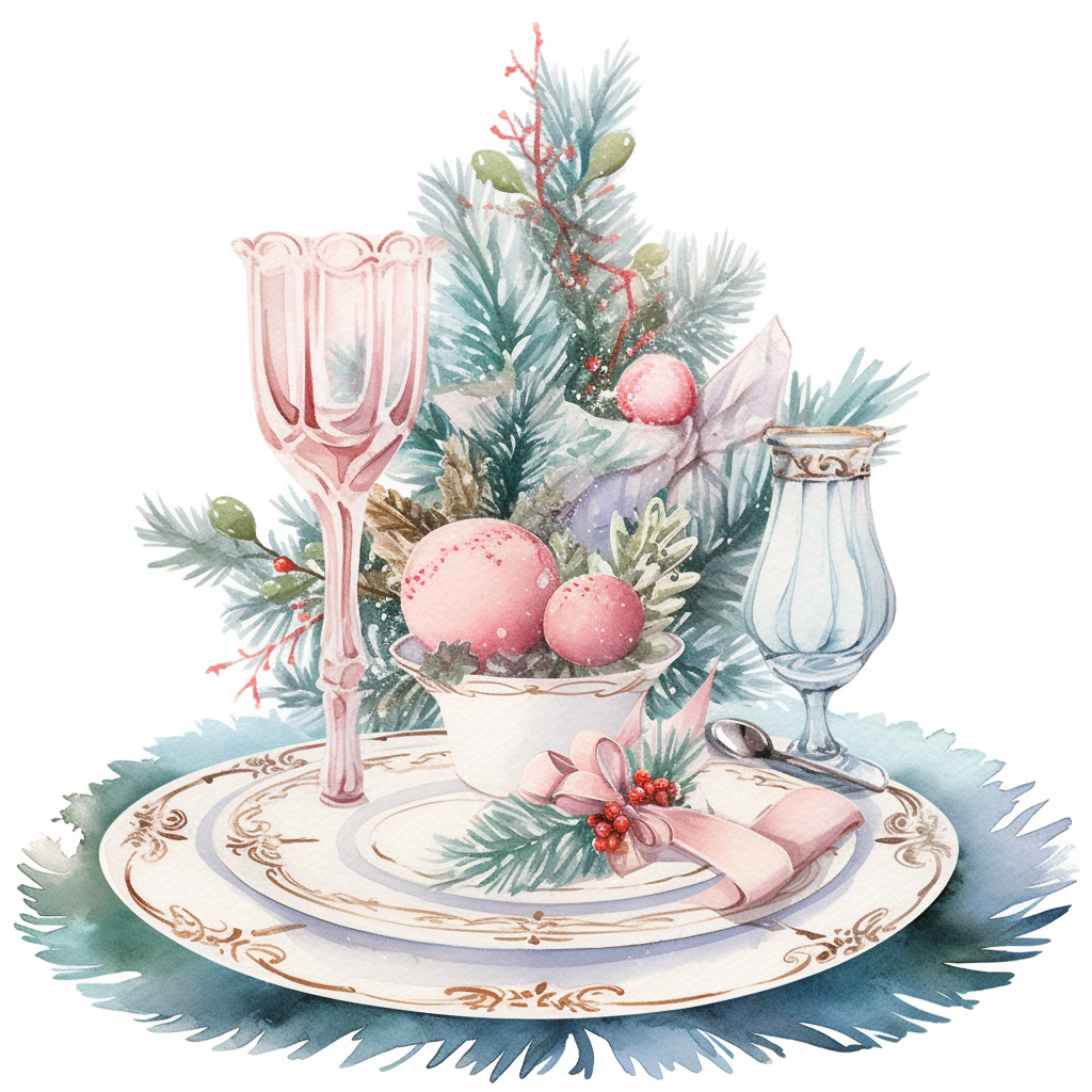 Beautiful watercolor Christmas table setting clip art