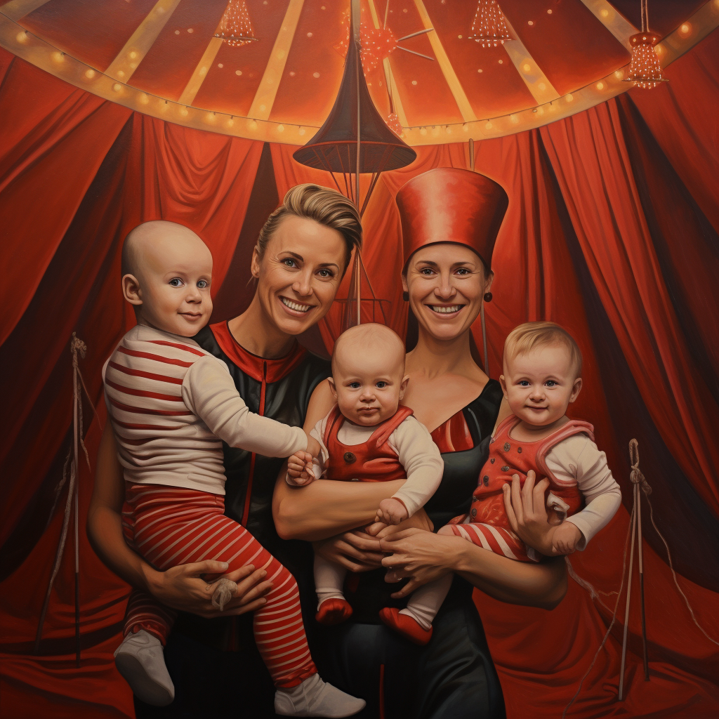 Christmas acrobats with pregnant woman and baby performing