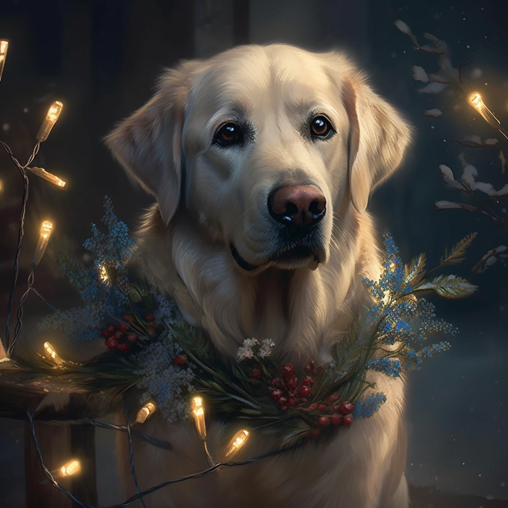 Labrador in Fluffy Dress holding Christmas Lights