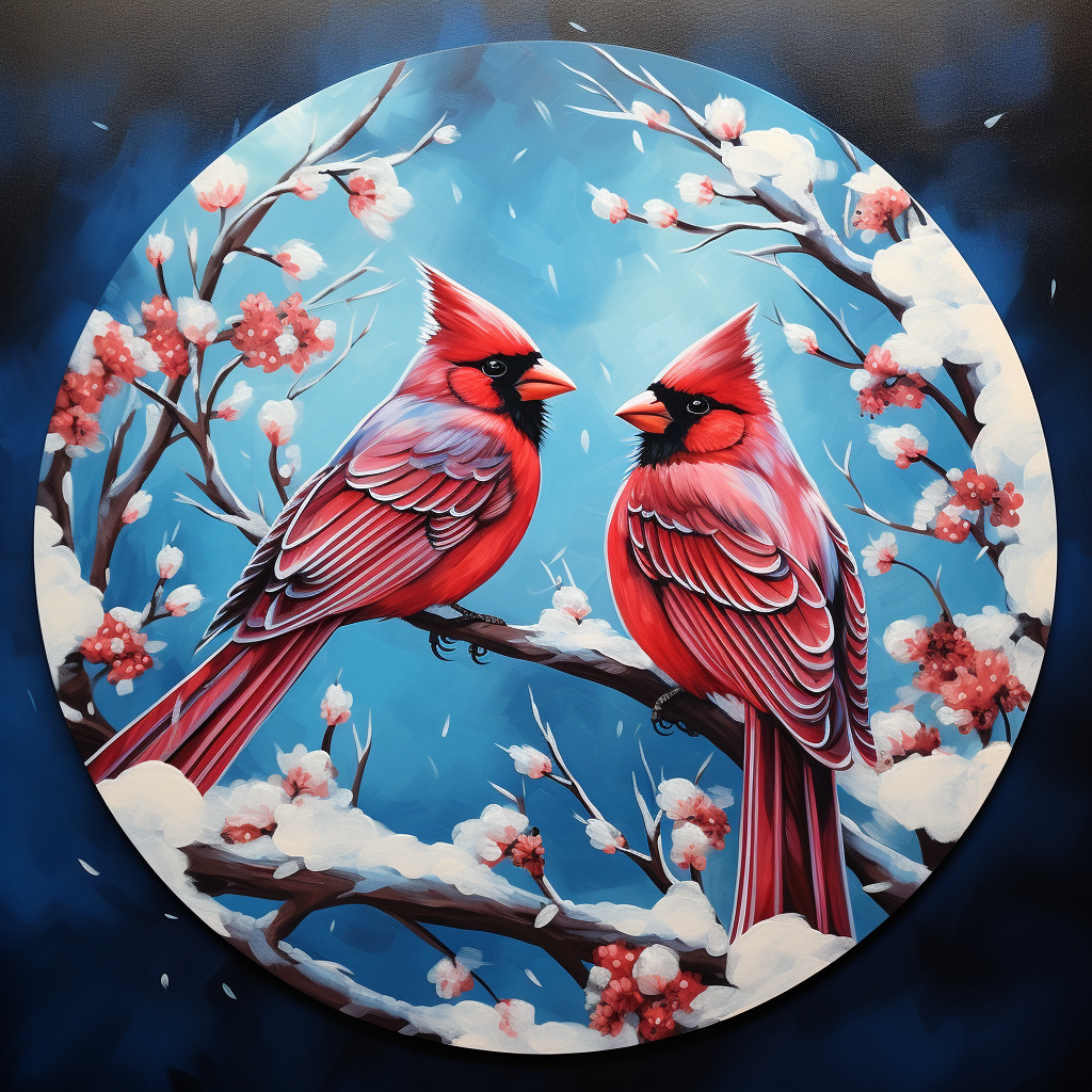 Colorful Christmas cardinals on circular background