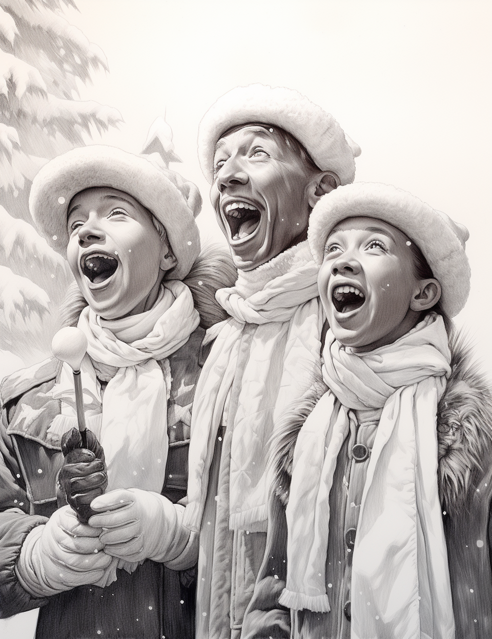 Group of Christmas carolers singing in snowfall