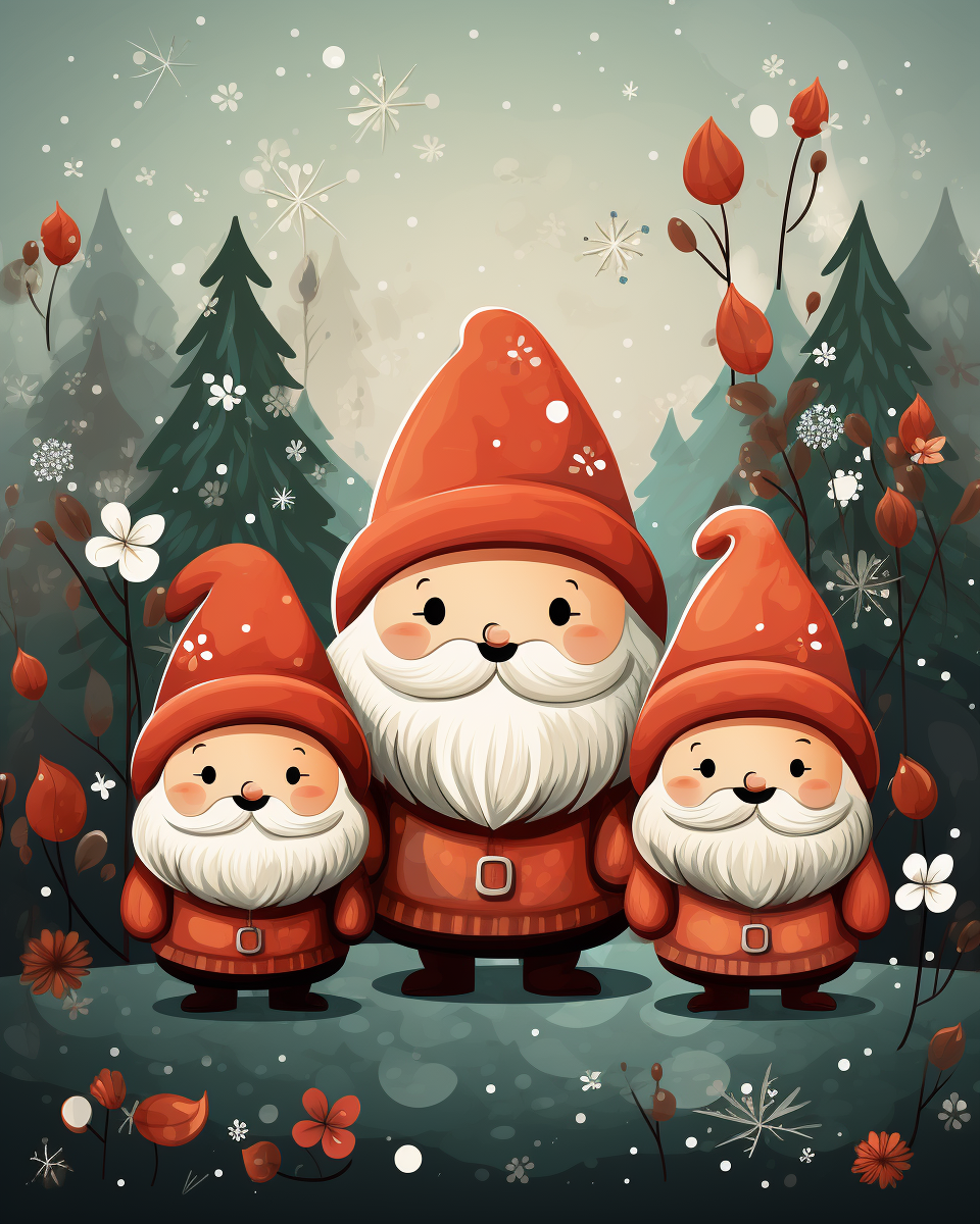 Cute Christmas cartoon elves with festive trees