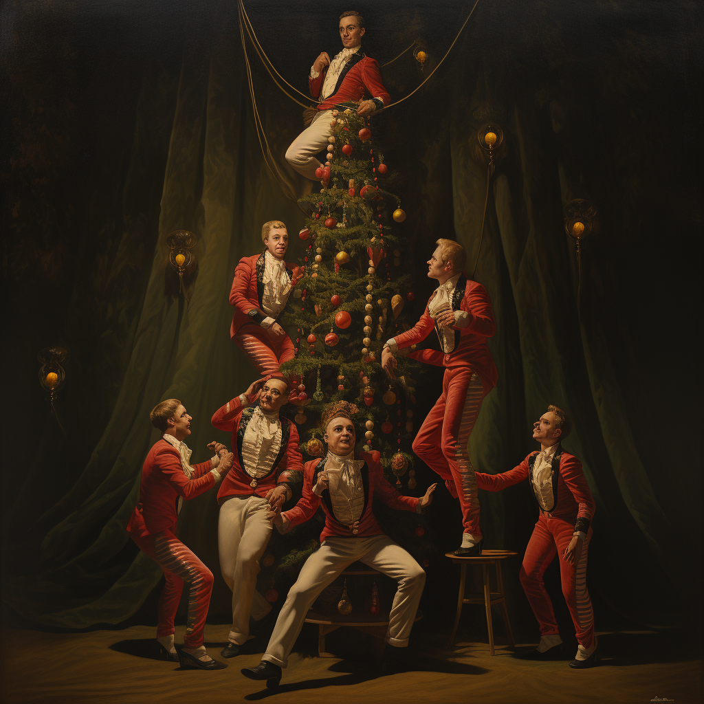 Acrobats performing around a pregnant Christmas tree