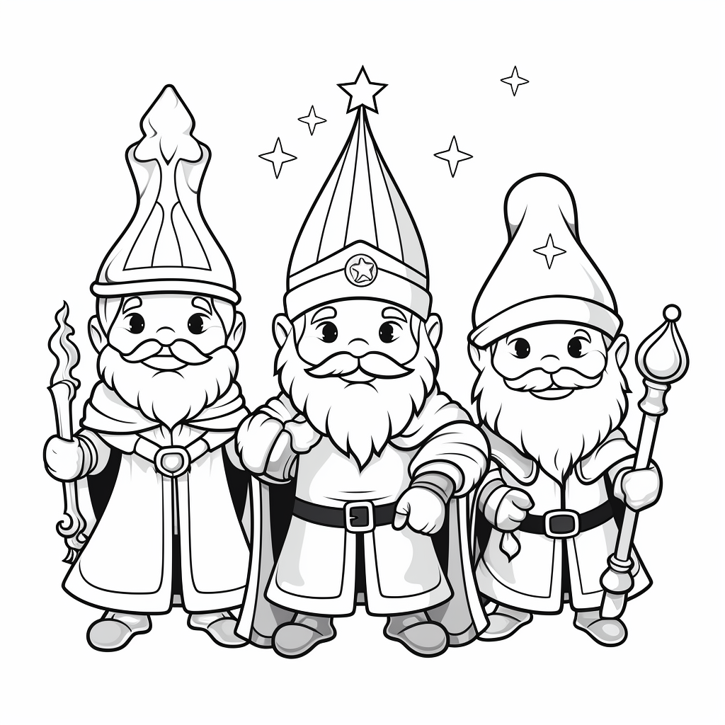 Black and white image of cute wizards kings