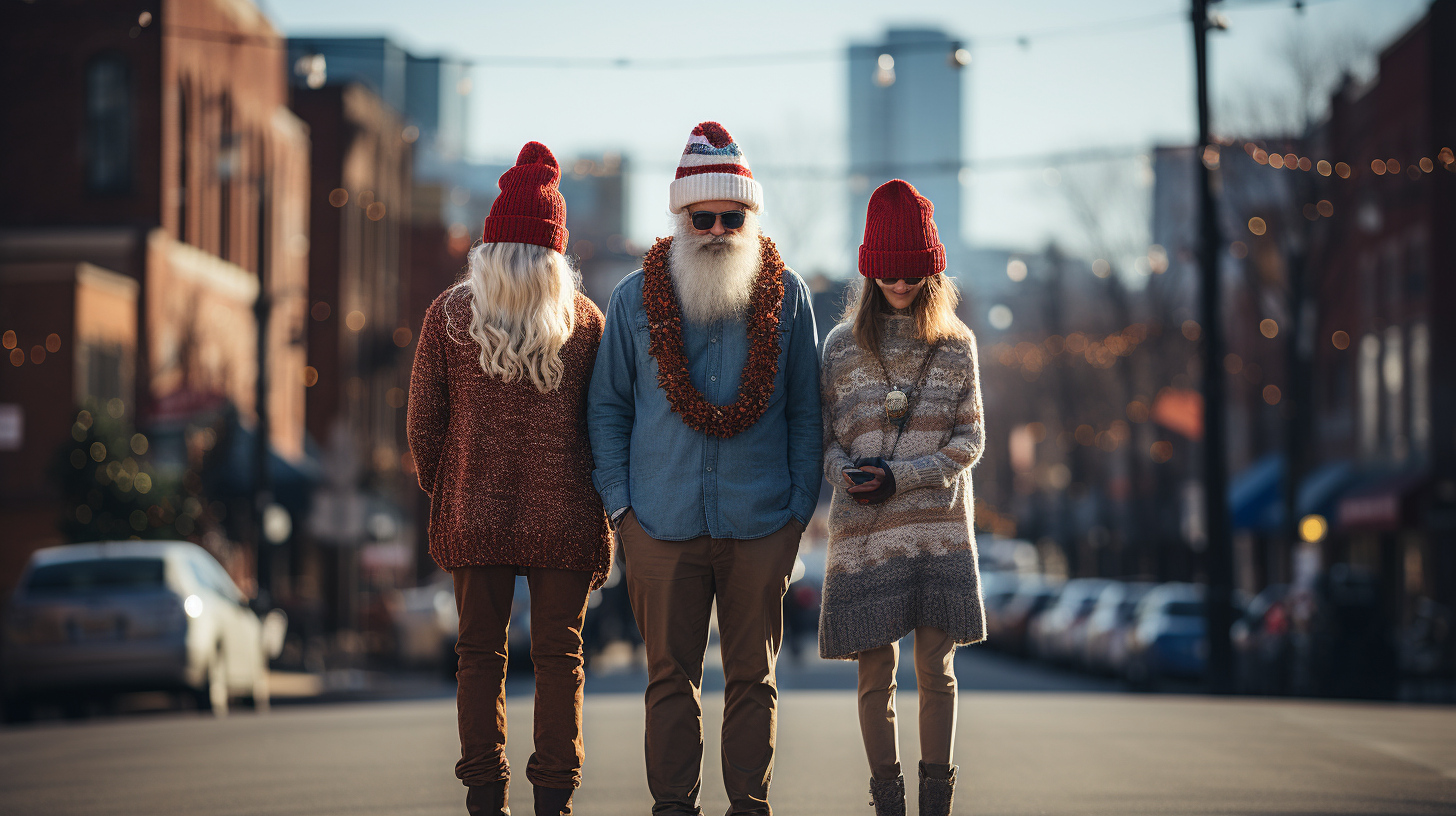 Eccentric characters in Christmas attire exploring Asheville