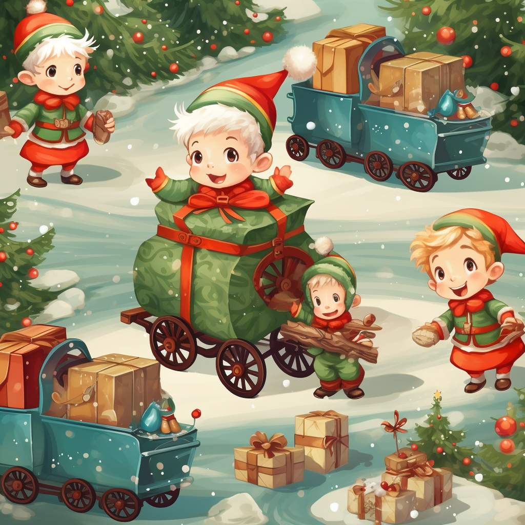 Christmas elves with mini toy trains