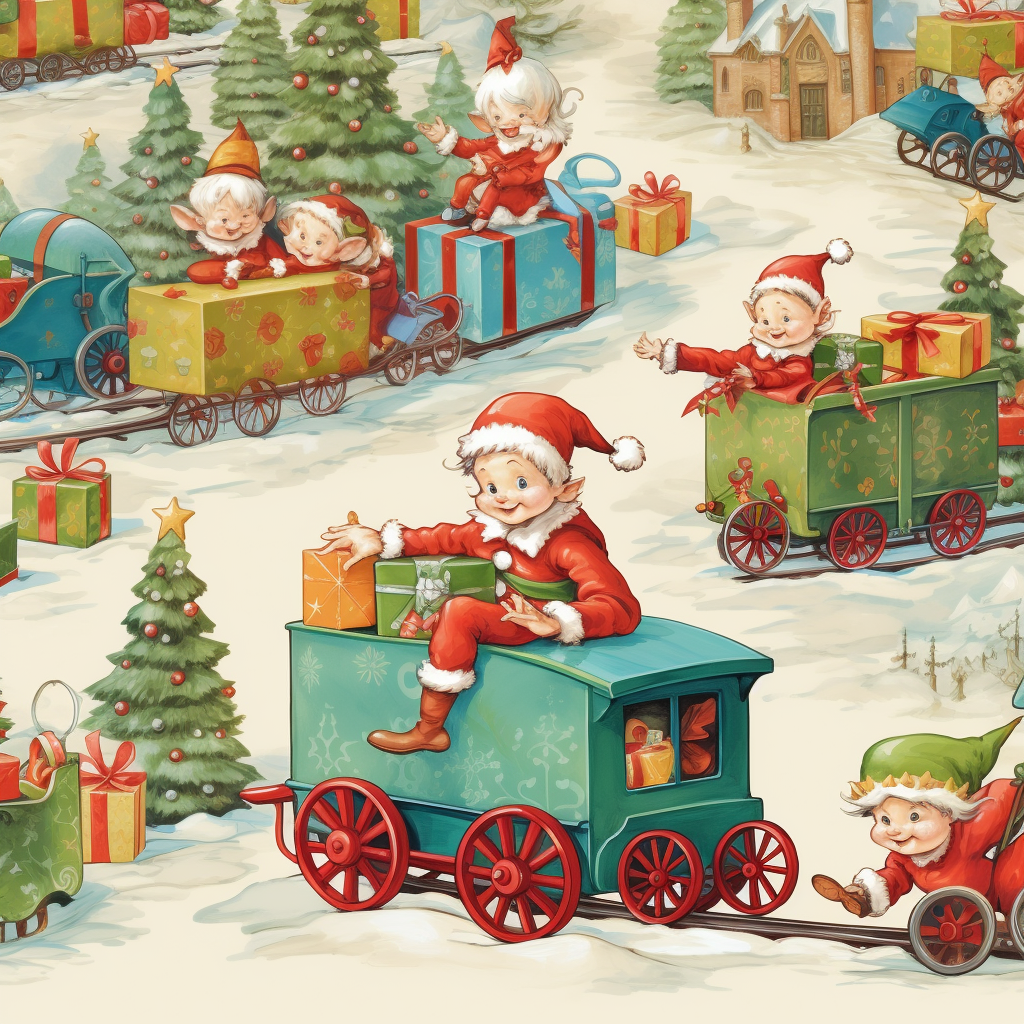 Cartoon Christmas elves playing with toy train