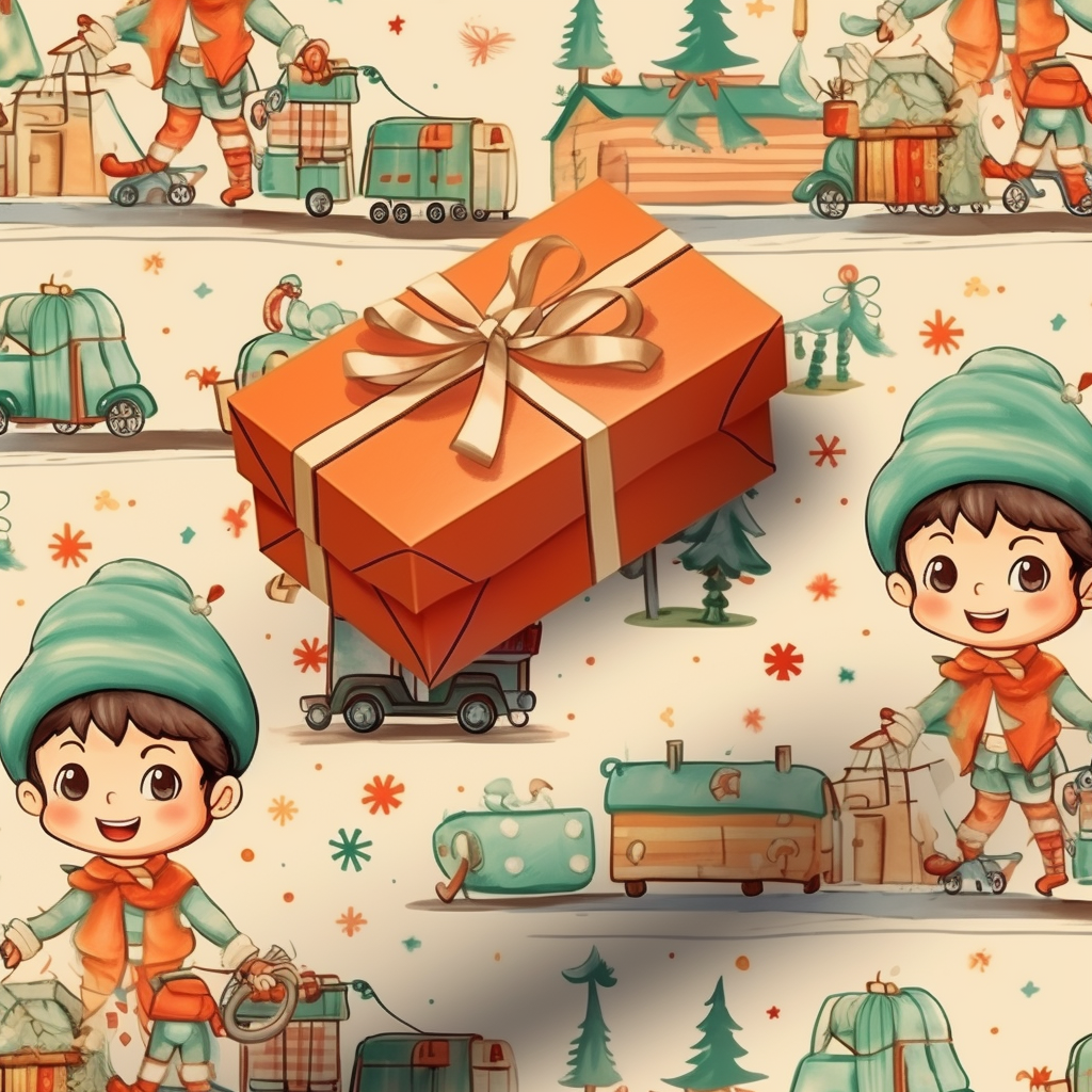 Christmas elves playing with toy trains