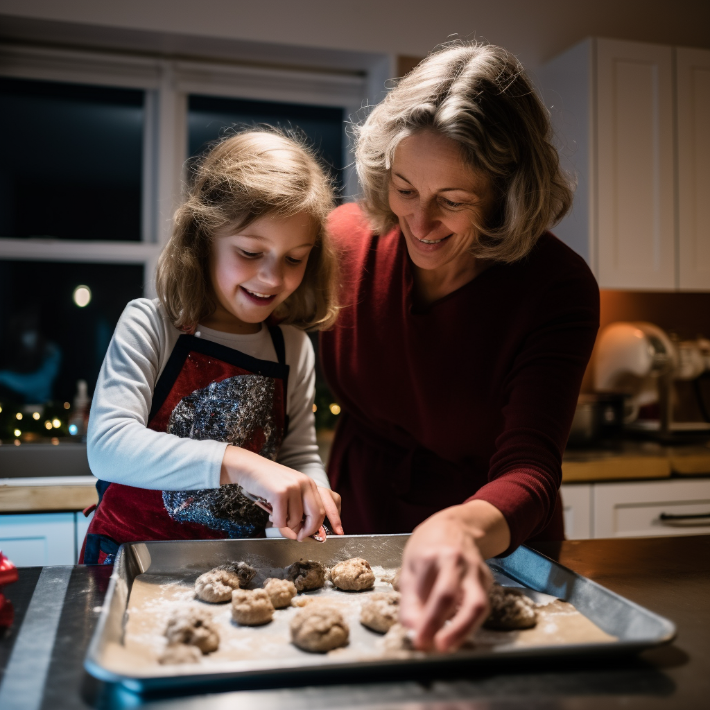 Joyful Mother and Twins Baking on Christmas Eve