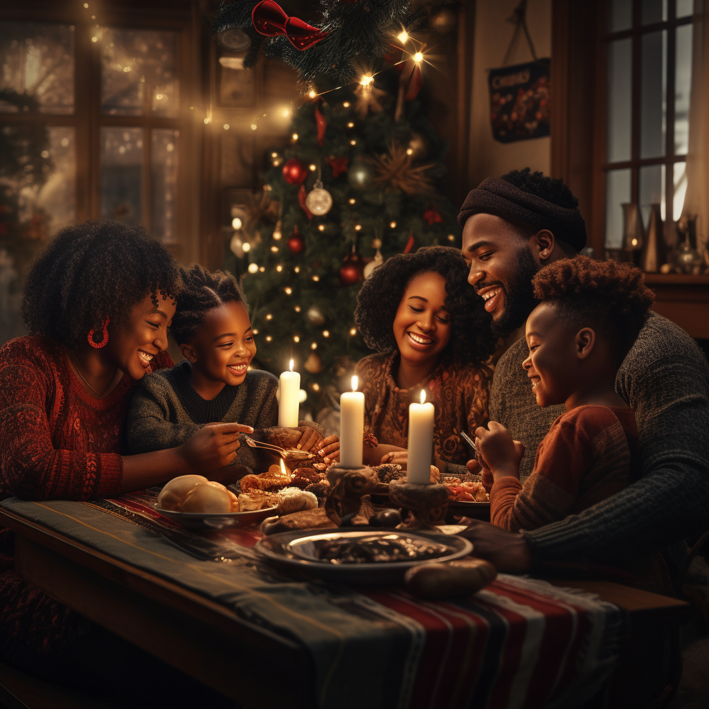 Black family enjoying Christmas dinner decorations