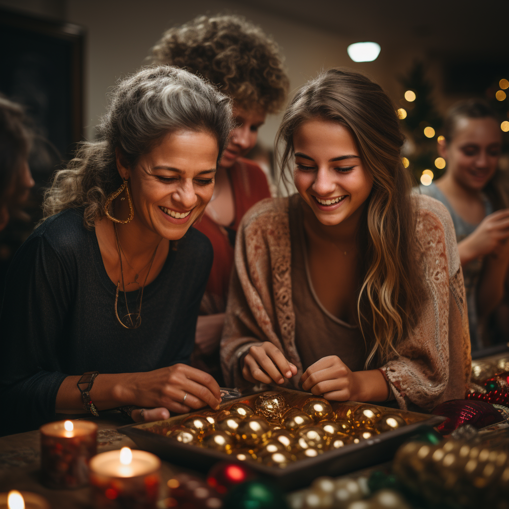 Multigenerational family decorating Christmas tree