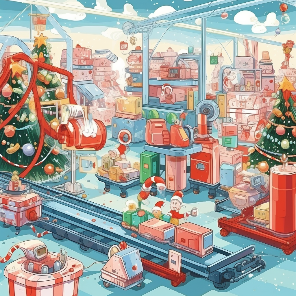 Santa Claus factory producing Christmas gifts