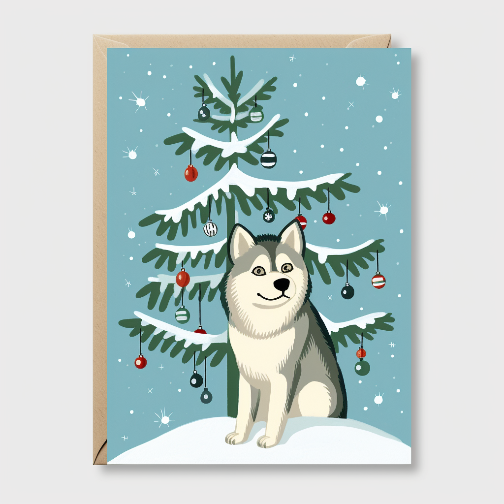 Funny Christmas Card with Husky Hanging on Tree