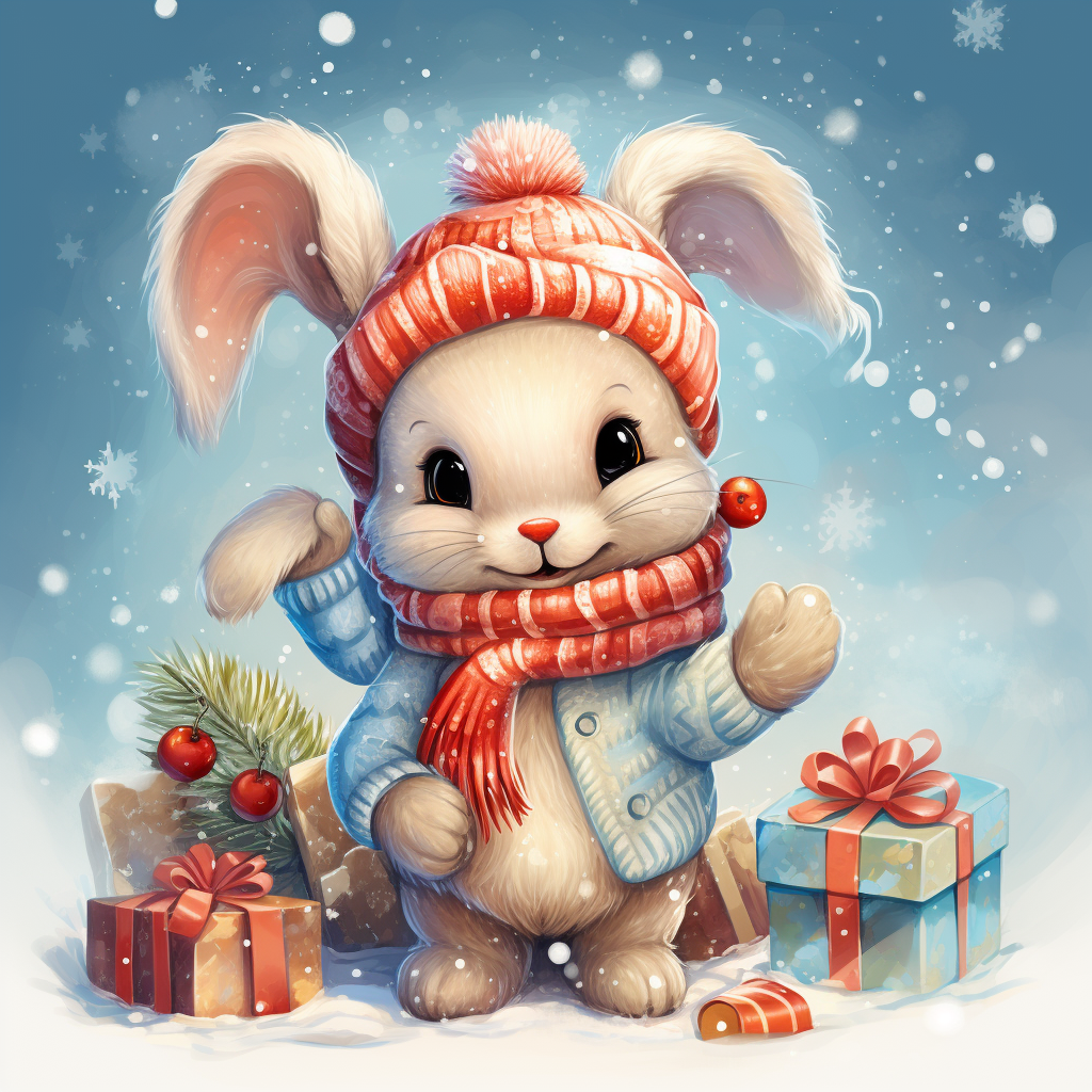 Cute rabbit surrounded by holiday decorations and gift