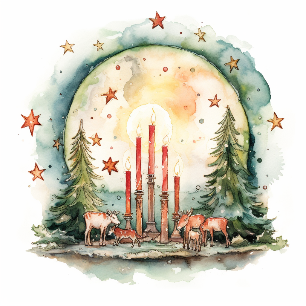 Watercolor Christmas Manger with Family and Candle