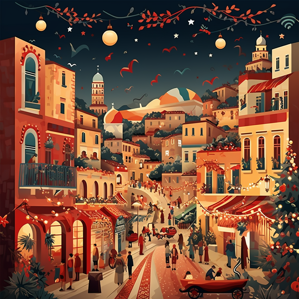 Festive Christmas market in Mediterranean town