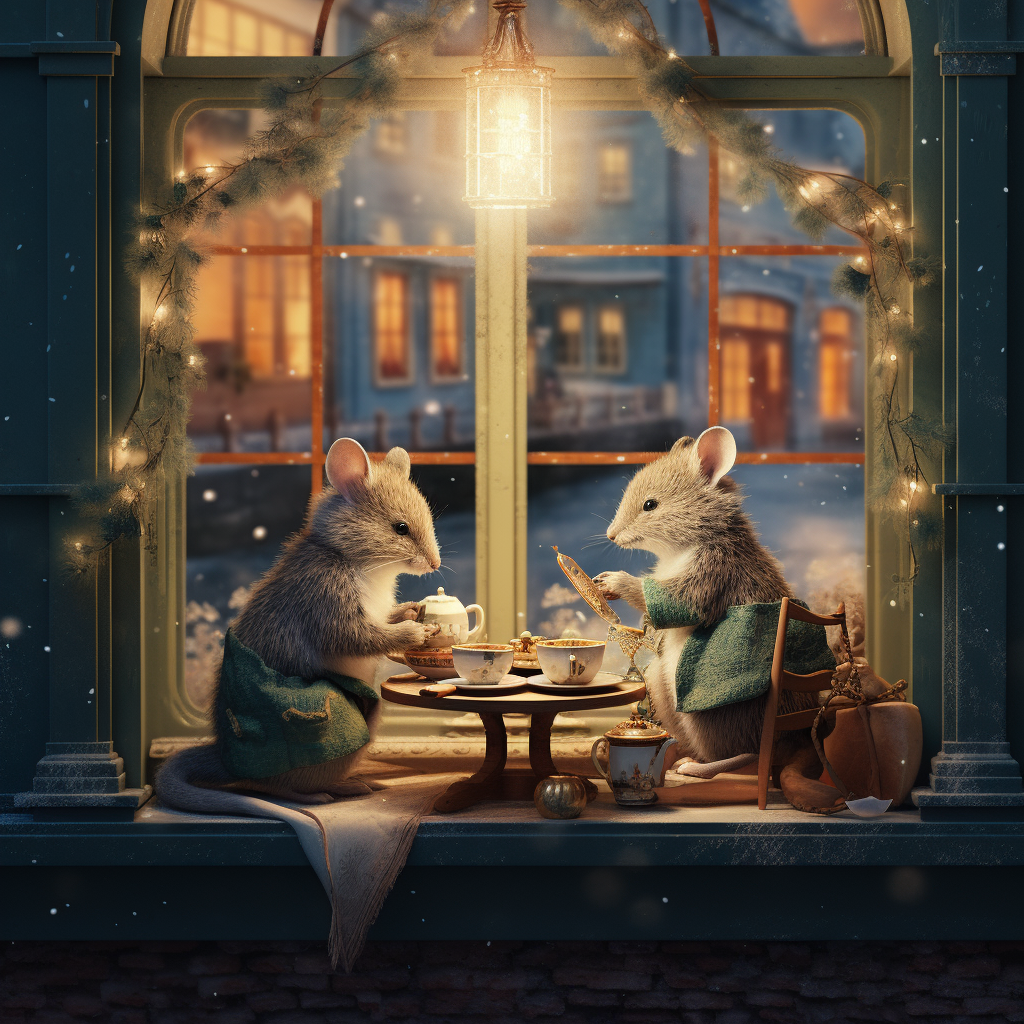 Two field mice enjoying tea in Victorian cafe