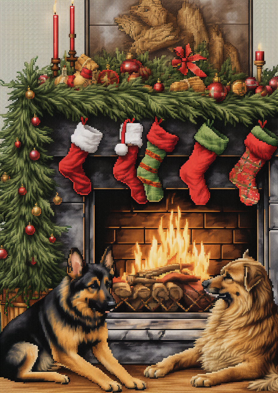 Embroidered Christmas Morning with German Shepherds