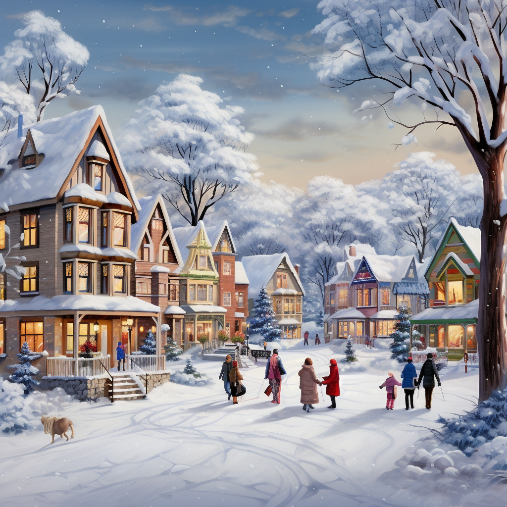 Beautiful Christmas Morning Village Scene with People