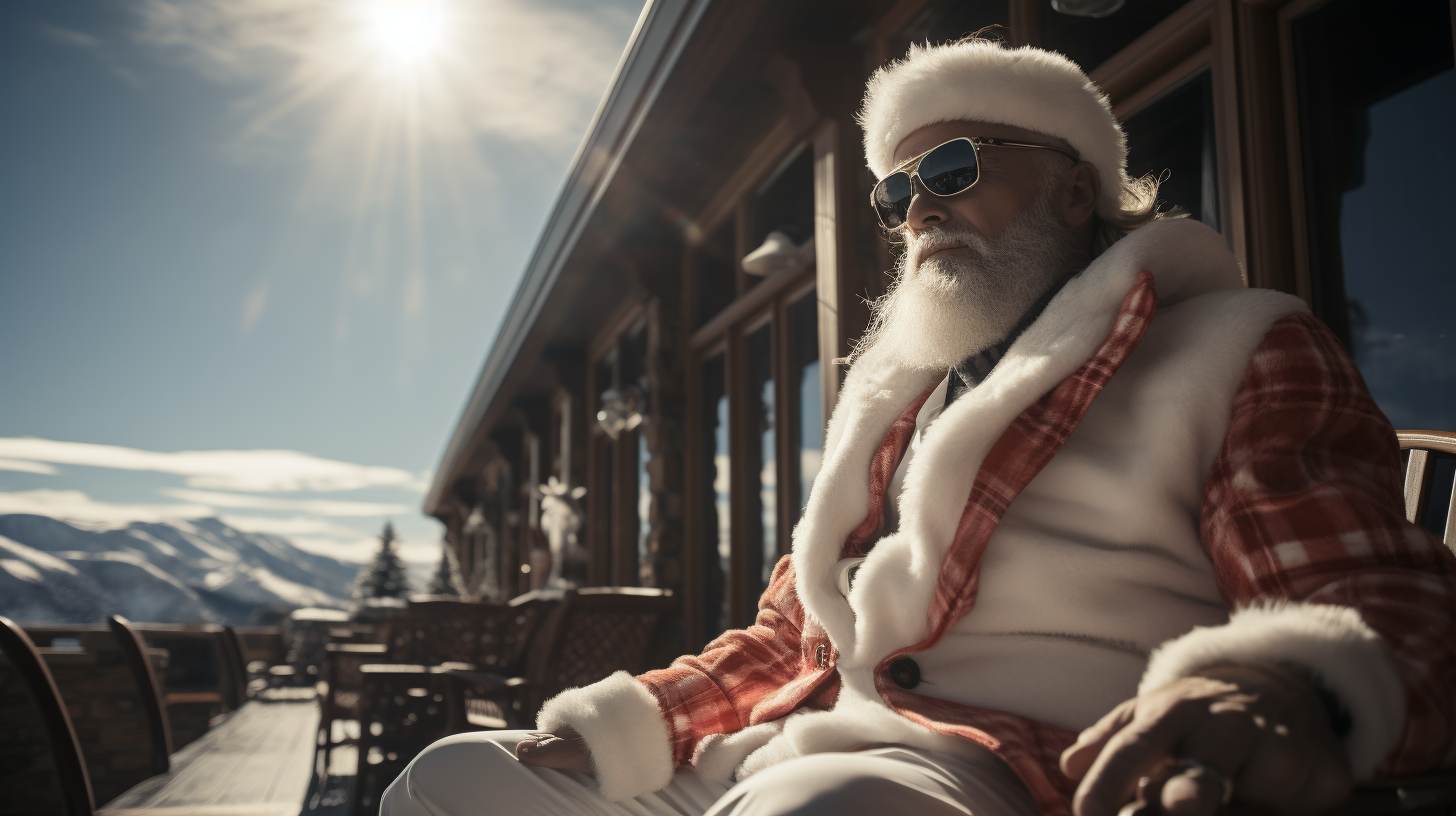 Eccentric characters in Christmas attire against dreamy mountain backdrop